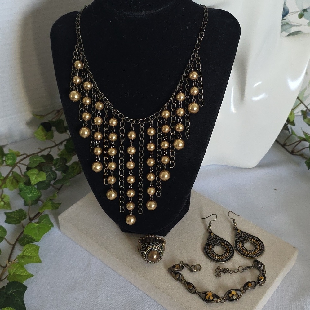 Bronze Topaz Bib Necklace Earrings Ring Set